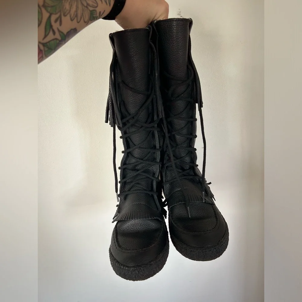 Made In Canada Black Leather Fringed Mukluks Fleece Lined Boots Lace-up 10 M - Picture 10 of 13